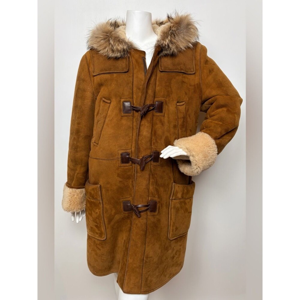 Archival Miu Miu F/W 2006 Camel Suede Shearling Duffle Coat Coyote Fur Hood